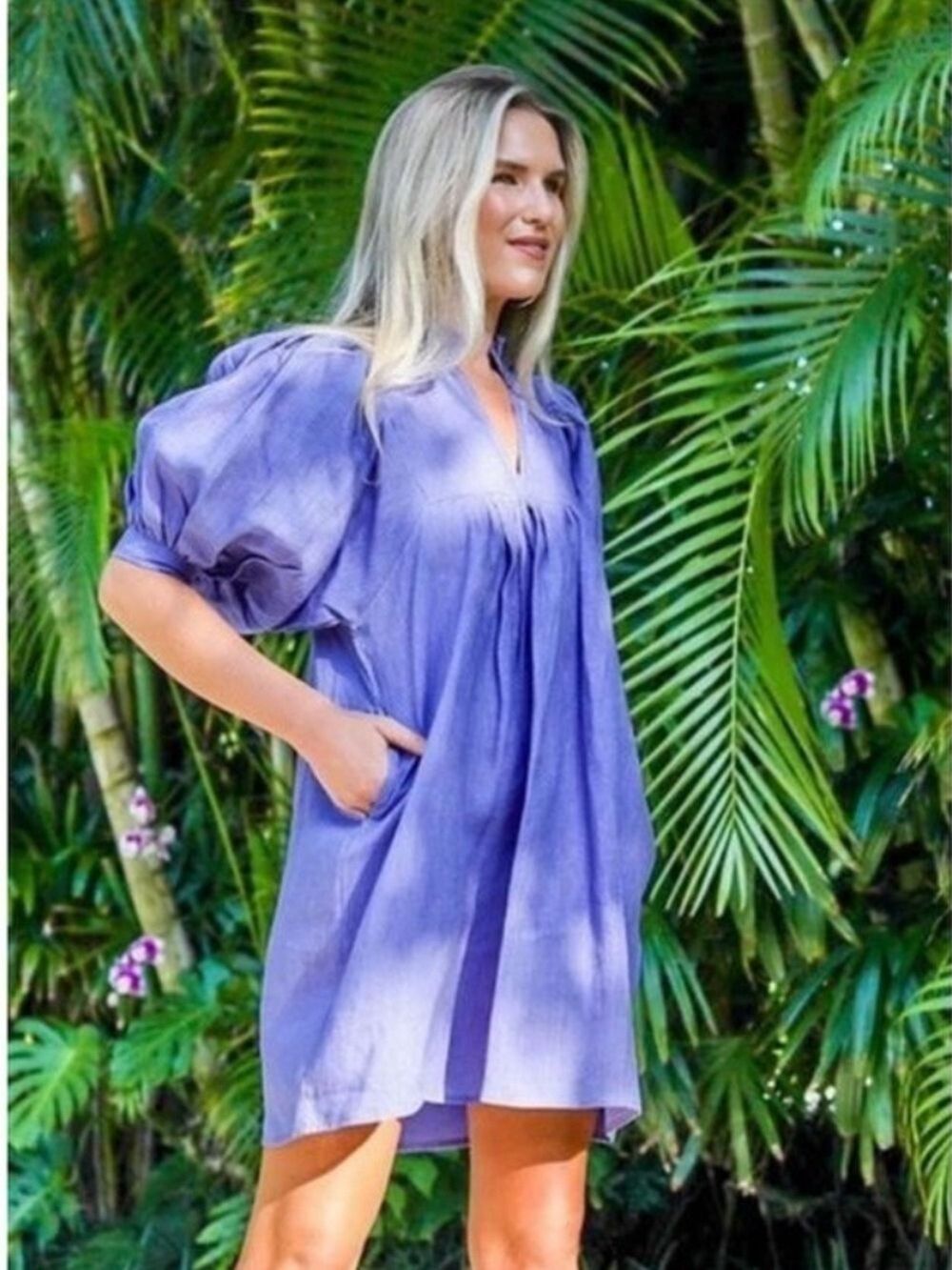 CJ Laing The Smock Linen Dress Small Blue Puff Sleeve Ruffles Preppy Party $318
